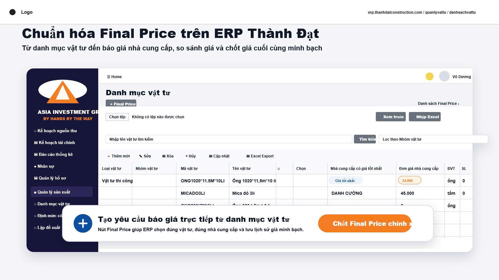 Giao diện tạo yêu cầu Final Price trực tiếp từ danh mục vật tư trên ERP