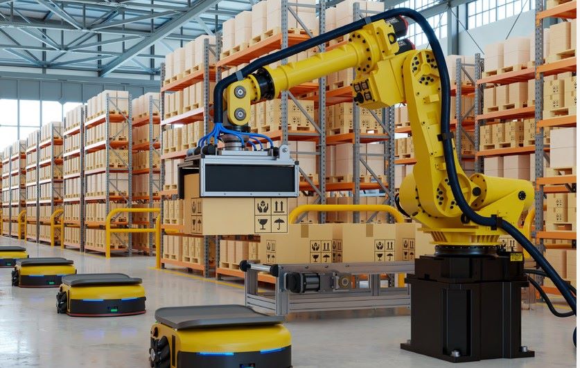 Kho logistics tự động với robot và hàng hóa