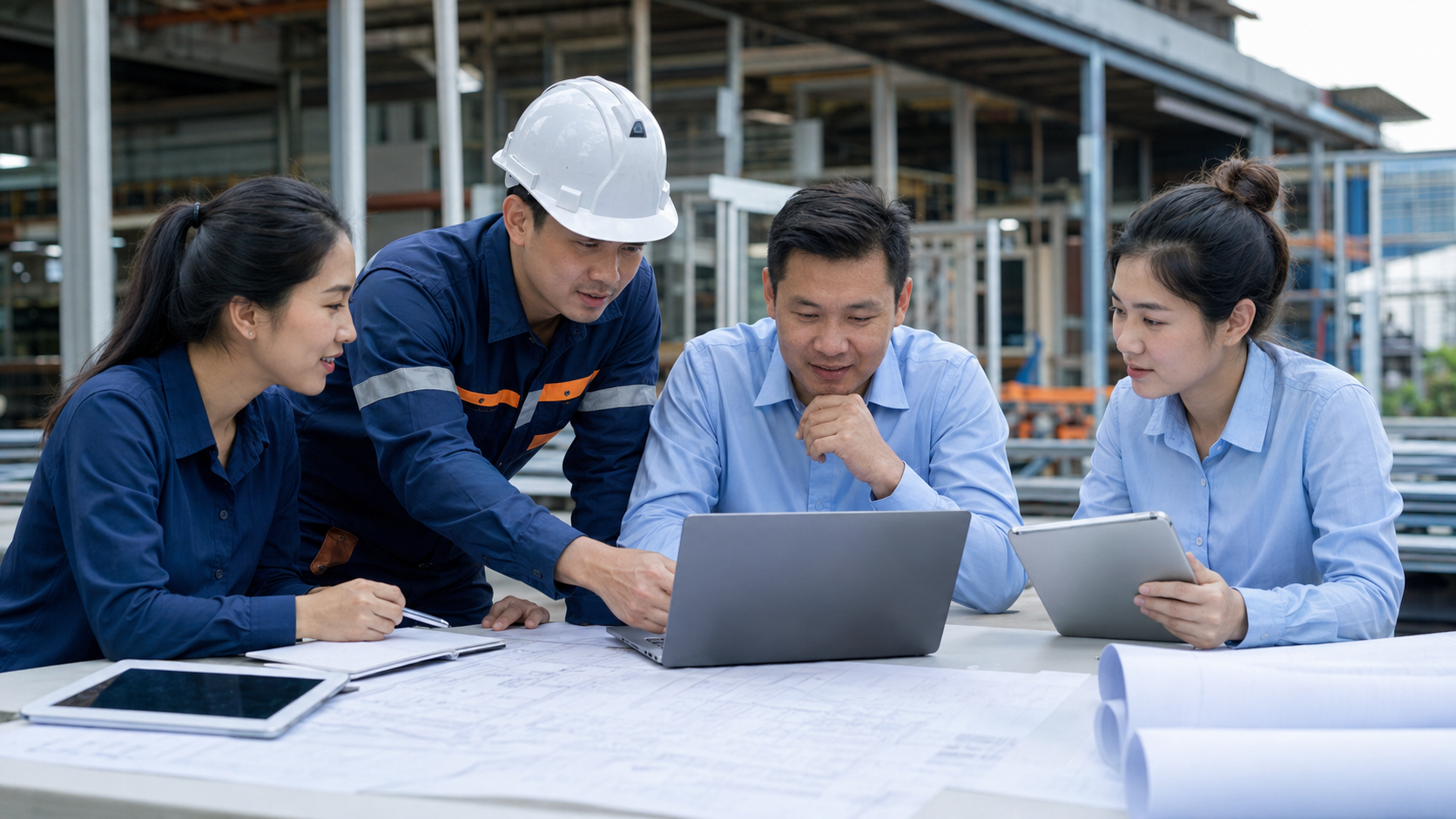Đội ngũ kỹ thuật và quản lý trao đổi phương án triển khai tại xưởng sản xuất