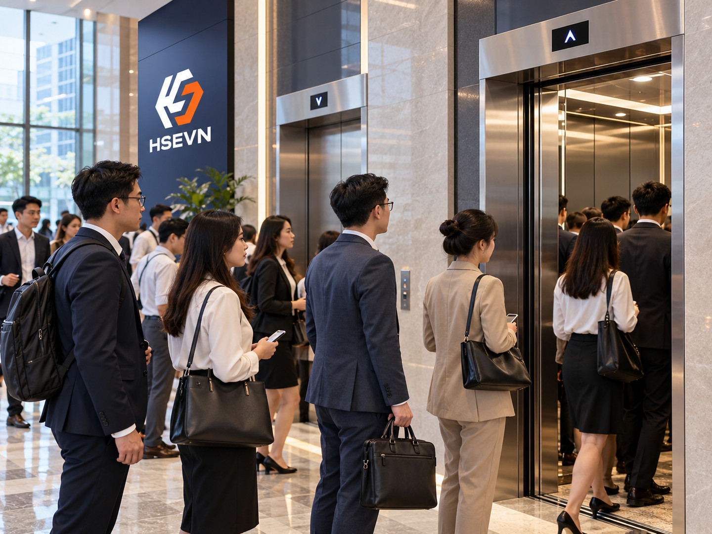 Sảnh thang máy tòa nhà văn phòng giờ cao điểm, nhân viên di chuyển cùng lúc, giải pháp HSEVN