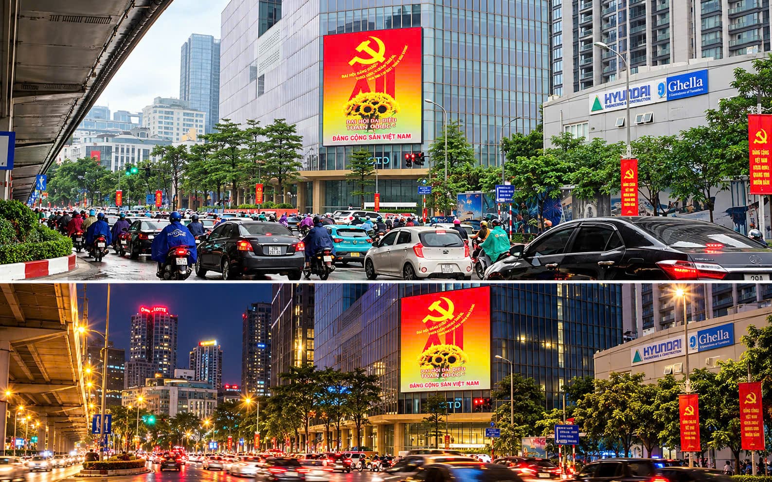 Cùng một không gian đô thị, bối cảnh ban ngày và ban đêm tạo trải nghiệm tiếp nhận khác nhau.