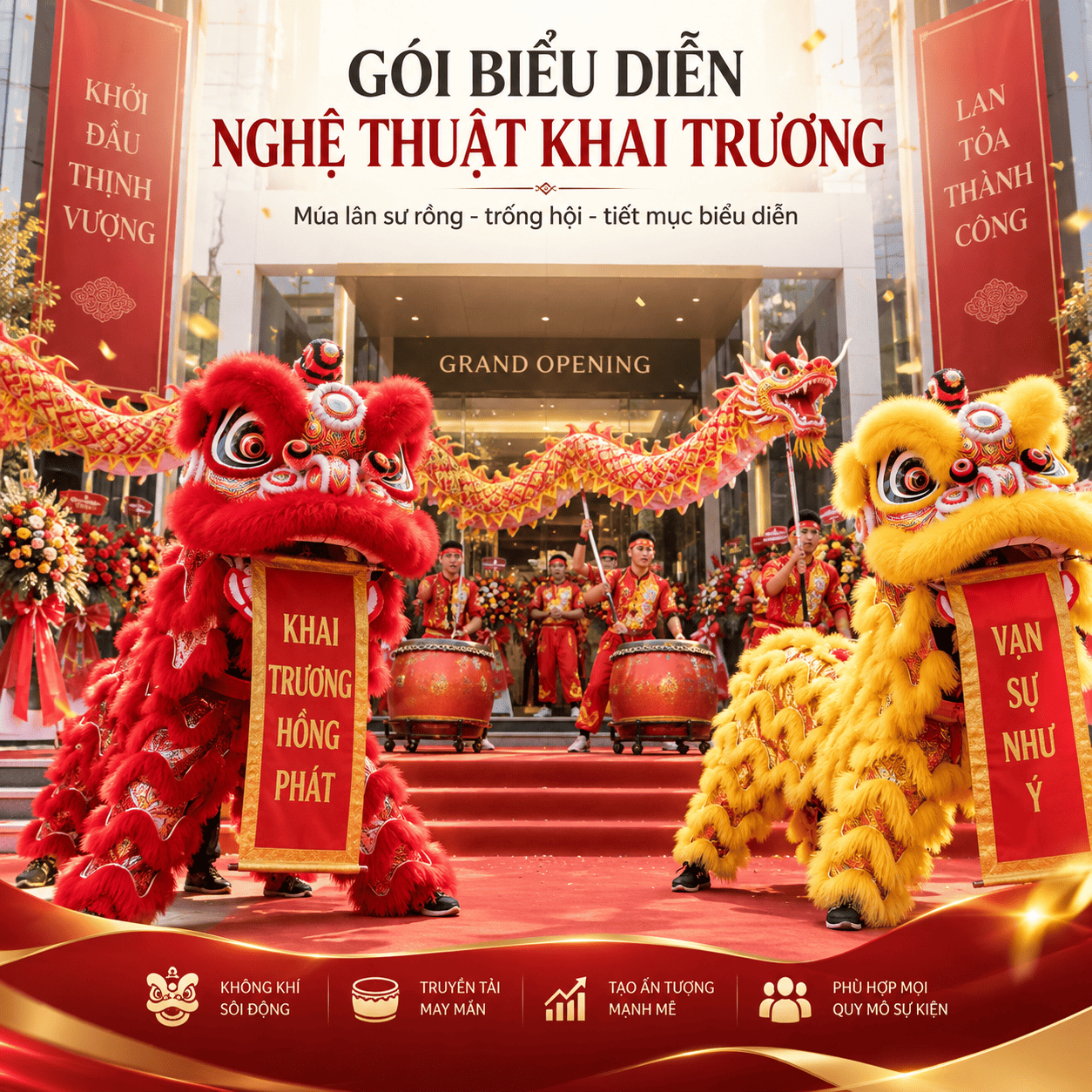 Biểu diễn nghệ thuật lân sư rồng khai trương